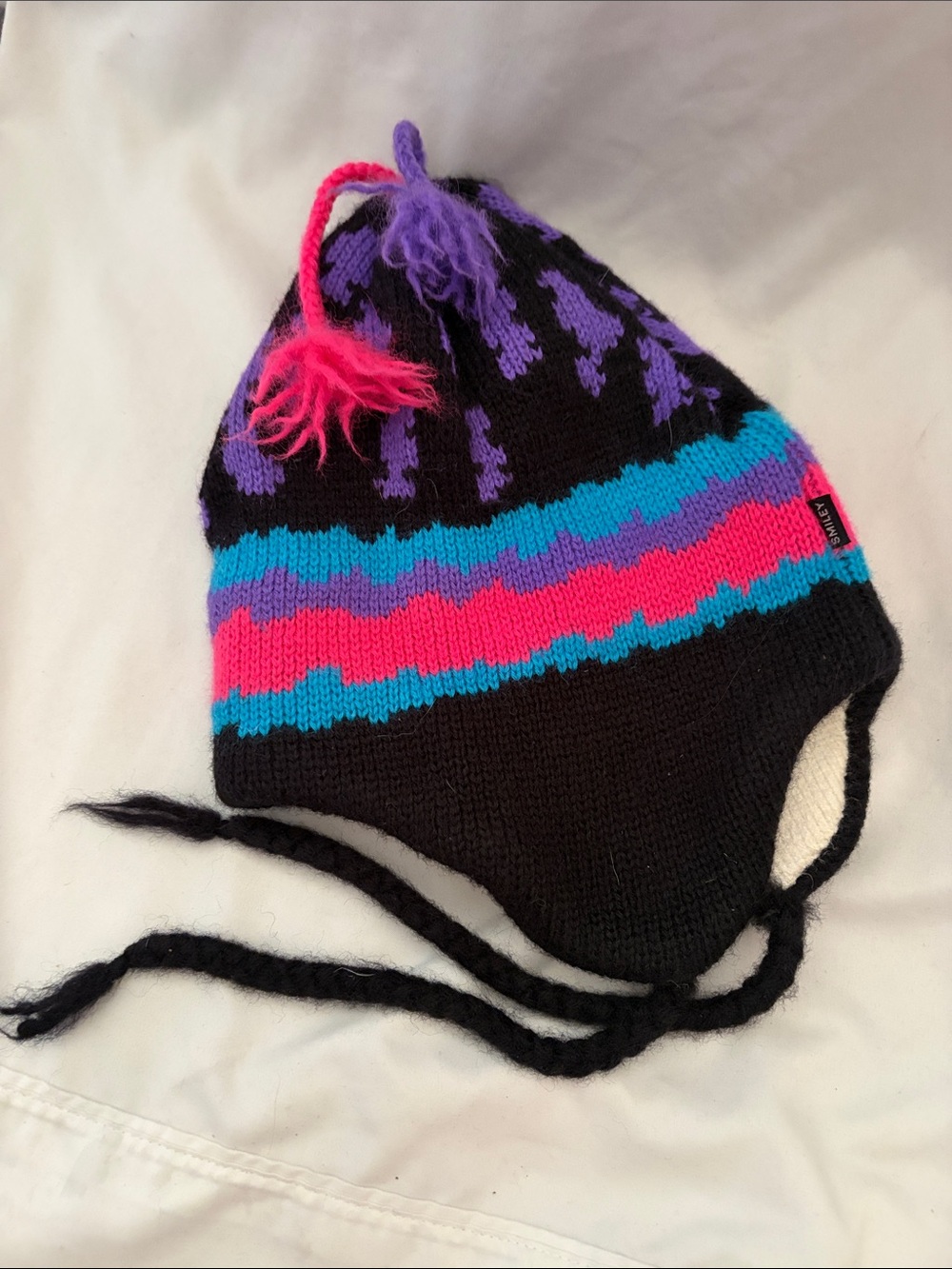 Kids Black Earflap Knit Hat with Pink, Purple & Teal Stripes
